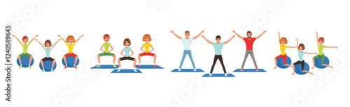 Happy Man and Woman Do Fitness Workout and Training Vector Set