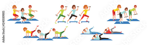 Happy Man and Woman Do Fitness Workout and Training Vector Set