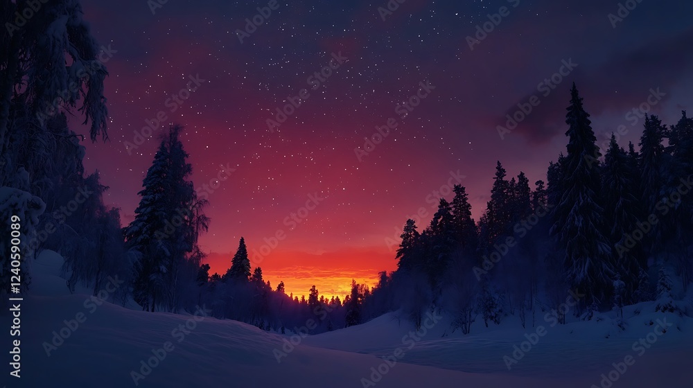 Winter sunset over snow-covered forest, peaceful scenery Winter sunset over snow-covered forest, peaceful scenery