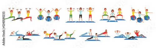 Happy Man and Woman Do Fitness Workout and Training Vector Set
