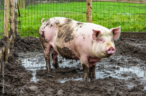 Mud-Covered Pig in Enclosure photo