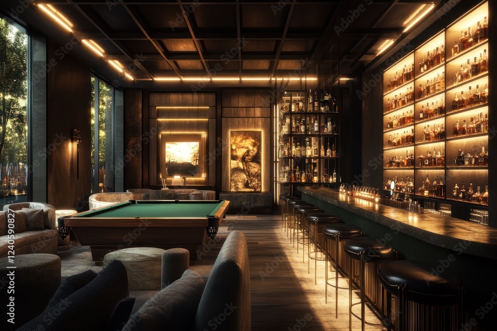 Luxurious apartment bar, pool table, city view Luxurious apartment bar, pool table, city view