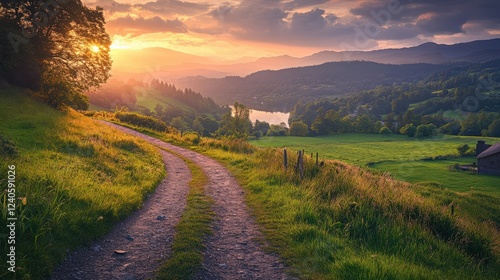Scenic sunset over a winding path with hills and a serene lake in the background, perfect for nature lovers.