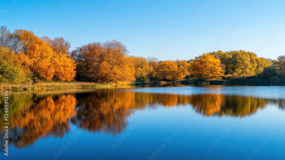 Beautiful autumn landscape with vibrant orange trees reflecting in calm lake under clear blue sky Beautiful autumn landscape with vibrant orange trees reflecting in calm lake under clear blue sky