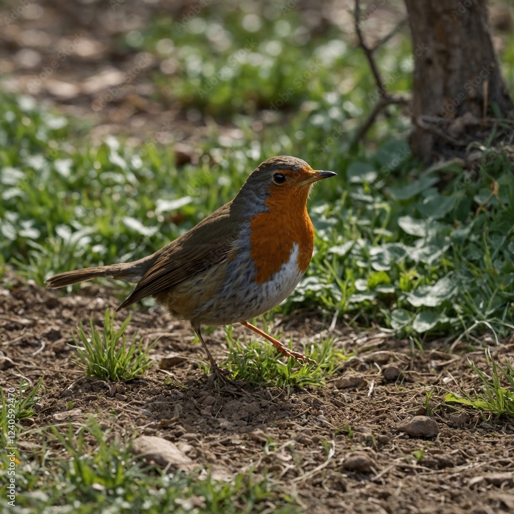 A robin hopping on the ground in a spring garden. A robin hopping on the ground in a spring garden.