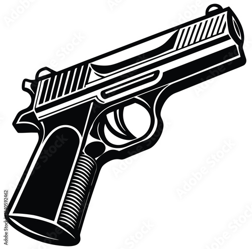 Detailed silhouette of a modern handgun, accurately capturing the shape and structure of a semi-automatic pistol. Ideal for military, law enforcement, tactical gear branding, or instructional material