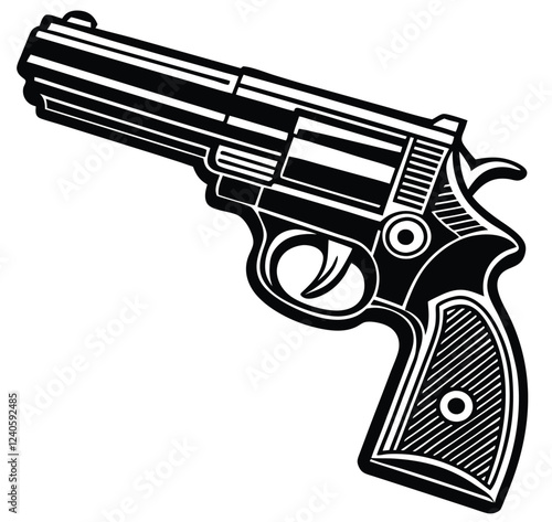 Bold black silhouette of a pistol with sharp, clean lines. Simple and easily recognizable, perfect for icons, logos, app interfaces, or minimalist design projects requiring weapon imagery.
