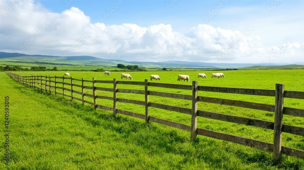 Peaceful countryside landscape with grazing sheep in lush green meadow Peaceful countryside landscape with grazing sheep in lush green meadow
