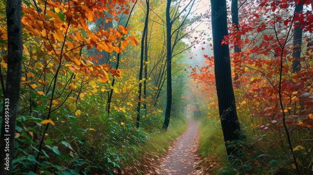 Fototapeta premium A serene autumn trail surrounded by vibrant foliage and mist