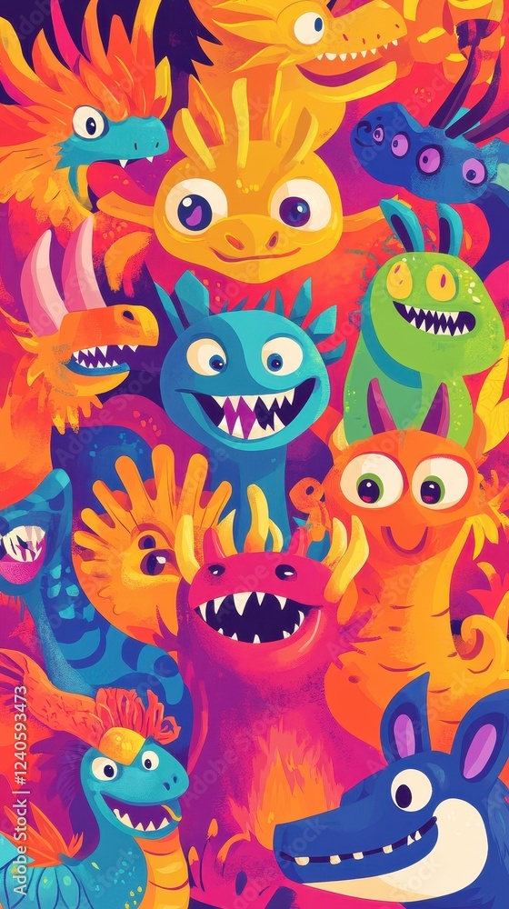 Fototapeta premium A Colorful Group Of Friendly Cartoon Dragons