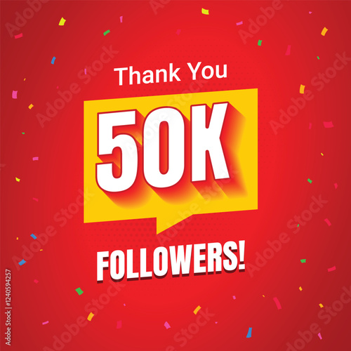50k social media followers and subscribers template, greeting banner for fans, vector background for achievement celebration template, five thousands followers and subscribers with yellow background.