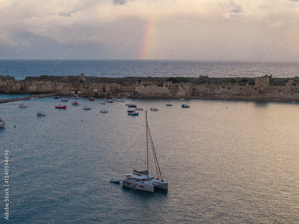 Aerial view of ancient castle ruins and serene sea with boats under a rainbow, Methoni, Greece. Aerial view of ancient castle ruins and serene sea with boats under a rainbow, Methoni, Greece.
