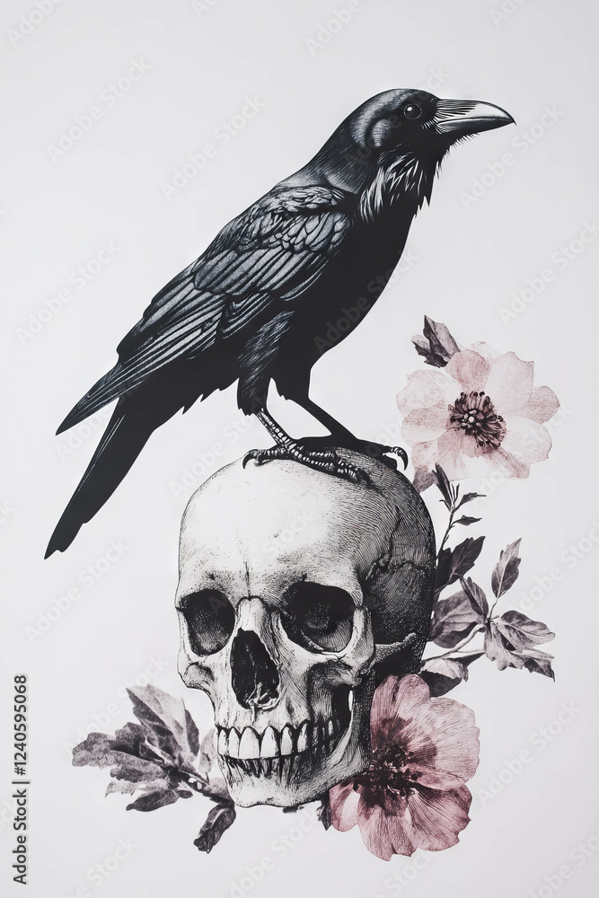 Fototapeta premium Minimalist collage featuring a raven, skull, and floral elements in a monochrome style