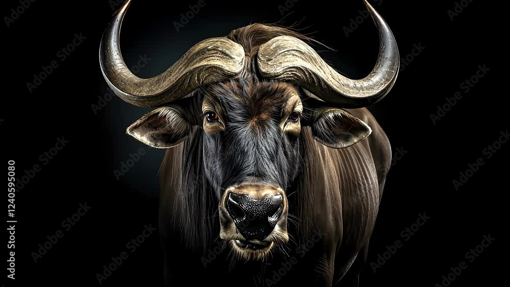 Majestic bull with striking horns stands confidently against a dark backdrop, capturing the essence of wildlife in its natural form Majestic bull with striking horns stands confidently against a dark backdrop, capturing the essence of wildlife in its natural form