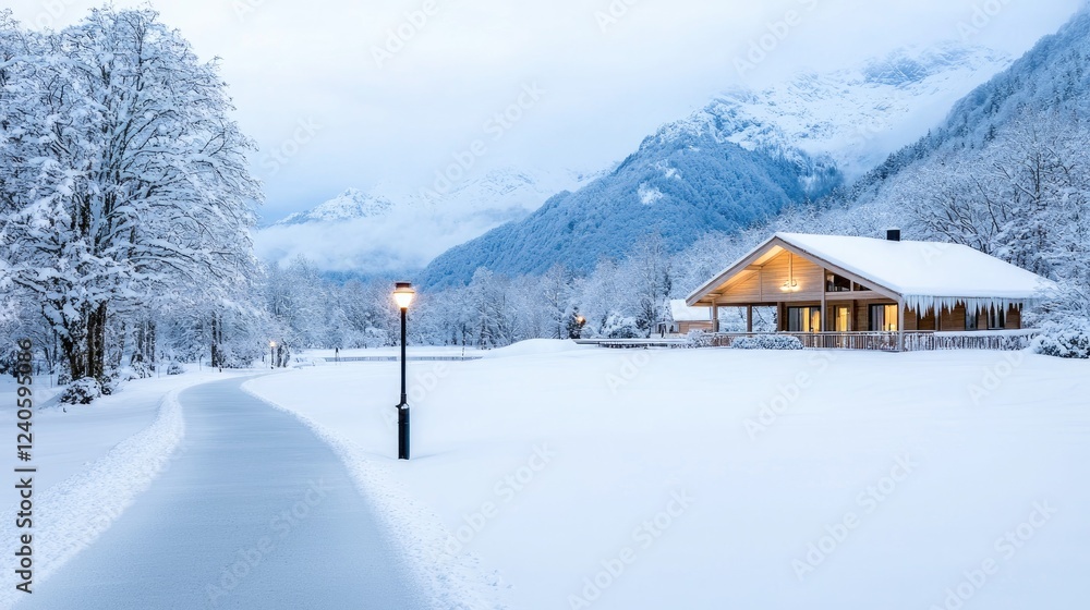Snowy mountain chalet path winter landscape Snowy mountain chalet path winter landscape
