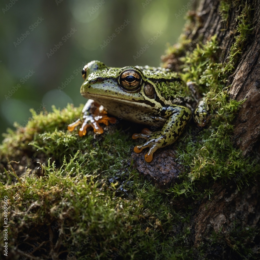 Frog Peeking Out of a Hollow Tree. Frog on the grass. Frog Peeking Out of a Hollow Tree. Frog on the grass.
