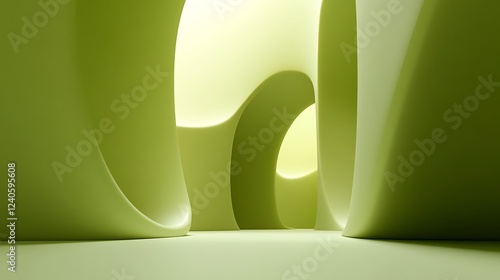 Green abstract interior, curved walls, light