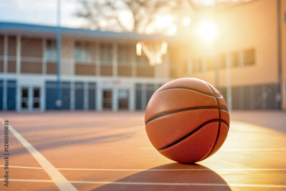 Basketball resting on court with sunset glow highlighting outdoor sports area Basketball resting on court with sunset glow highlighting outdoor sports area