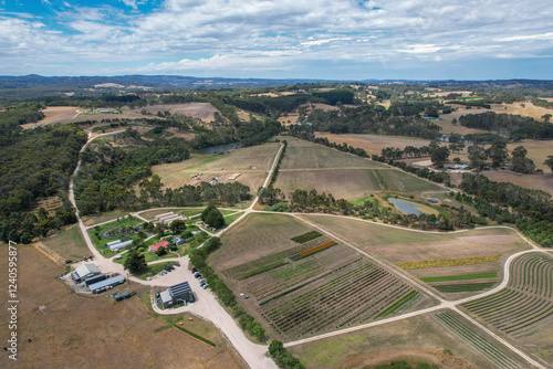 Aerial view of Jurlique Farm's beautiful rose plantation in the picturesque Adelaide Hills, Biggs Flat, South Australia.