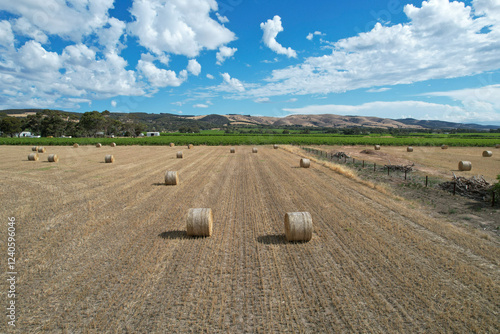 Aerial view of hay bales in a scenic agricultural landscape with rolling hills and vineyards, Willunga, Australia. photo