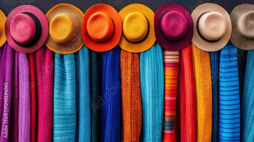 Aerial view of a colorful marketplace stall showcasing vibrant scarves and hats in an open air shopping area 