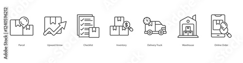 Shipment Process Icon Sheet Parcel, Upward Arrow, Checklist, Inventory, Delivery Truck, Warehouse, Online Order