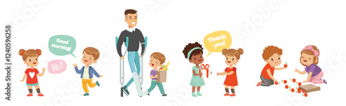 Kids with Good Manners and Polite Behavior Vector Set