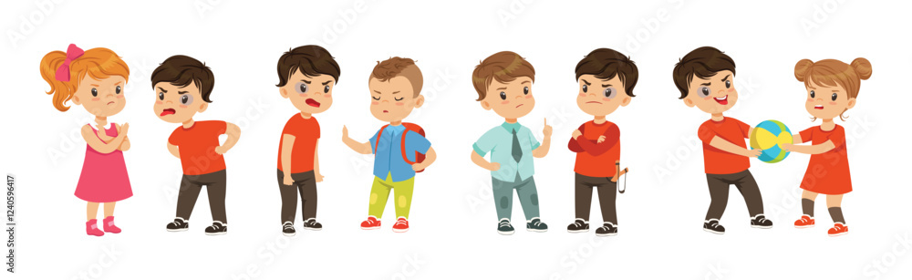 Warring Boy Kid Misbehave with Disobedient Behavior Vector Set Warring Boy Kid Misbehave with Disobedient Behavior Vector Set