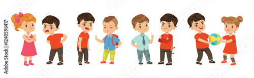 Warring Boy Kid Misbehave with Disobedient Behavior Vector Set