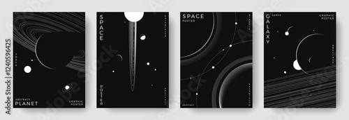 Set of abstract space astronomy backgrounds. Line art galaxy, universe, planet, solar system. Science future concept. Cosmic minimalist design for cover, poster, layout, banner, flyer, brochure