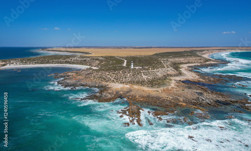 Aerial view of Corny Point Lighthouse and beautiful coastline with Talcum Powder Sands and Berry Bay, Corny Point, Australia. photo