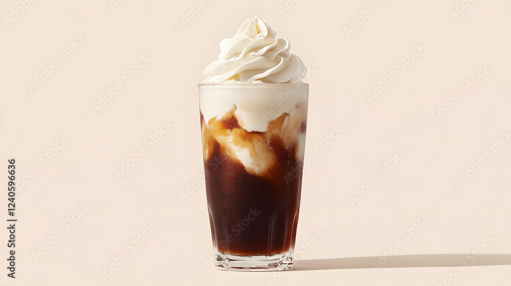 A cola float made with cola and vanilla ice cream, topped with whipped cream. A cola float made with cola and vanilla ice cream, topped with whipped cream.