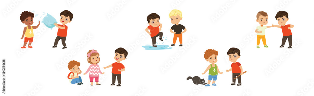 Warring Boy Kid Misbehave with Disobedient Behavior Vector Set Warring Boy Kid Misbehave with Disobedient Behavior Vector Set
