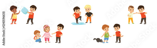 Warring Boy Kid Misbehave with Disobedient Behavior Vector Set