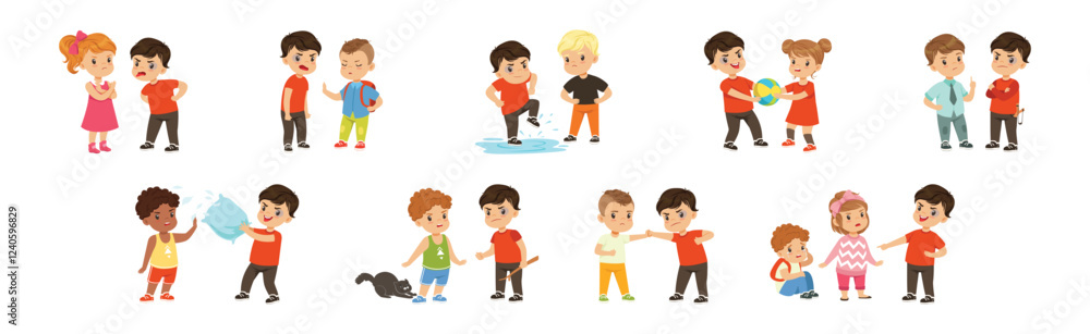 Warring Boy Kid Misbehave with Disobedient Behavior Vector Set Warring Boy Kid Misbehave with Disobedient Behavior Vector Set