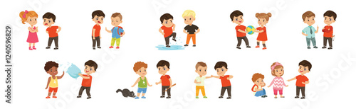 Warring Boy Kid Misbehave with Disobedient Behavior Vector Set