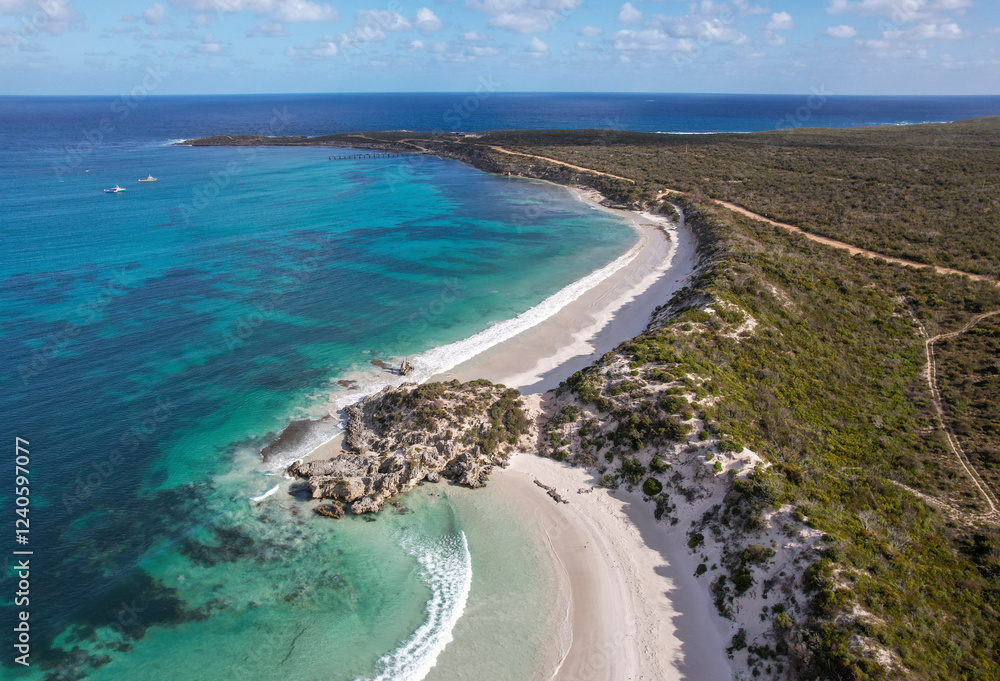 Aerial view of beautiful Vivonne Bay Beach with pristine sand and vibrant ocean waves, Vivonne Bay, Australia. Aerial view of beautiful Vivonne Bay Beach with pristine sand and vibrant ocean waves, Vivonne Bay, Australia.