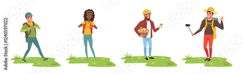 Man and Woman Tourist Hiking Have Adventure Vector Set