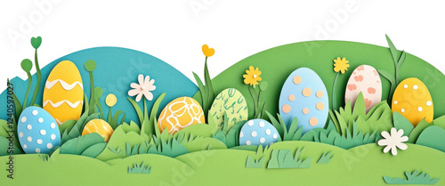 PNG Green field with cute easter eggs illustration paper celebration. photo