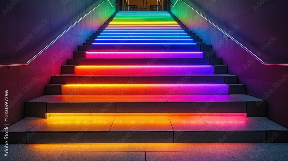 Fototapeta premium Rainbow LED stairs, night, urban, ascent, vibrant