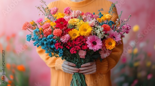 Wallpaper Mural A Serene Scene Featuring a Faceless Individual Delicately Arranging a Splash of Colorful Vibrant Flowers Against a Soft Pink Background Torontodigital.ca