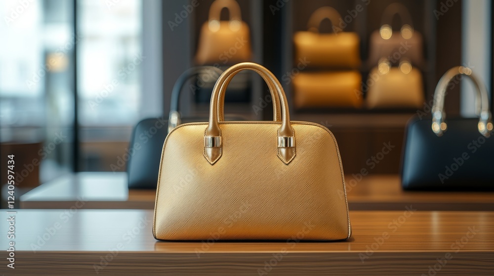 Fototapeta premium Leather handbags and satin scarves on wooden display tables inside French luxury shop with golden accents chic shopping ambiance 