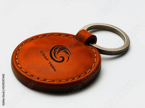 keychain mockup, a round colorful leather key chain	
