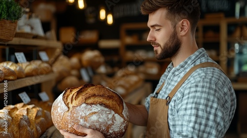 Man buying a round loaf of pumpernickel bread from a rustic bakery counter with handwritten price signs and cozy decor  photo