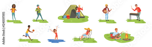Man and Woman Tourist Hiking Have Adventure Vector Set.
