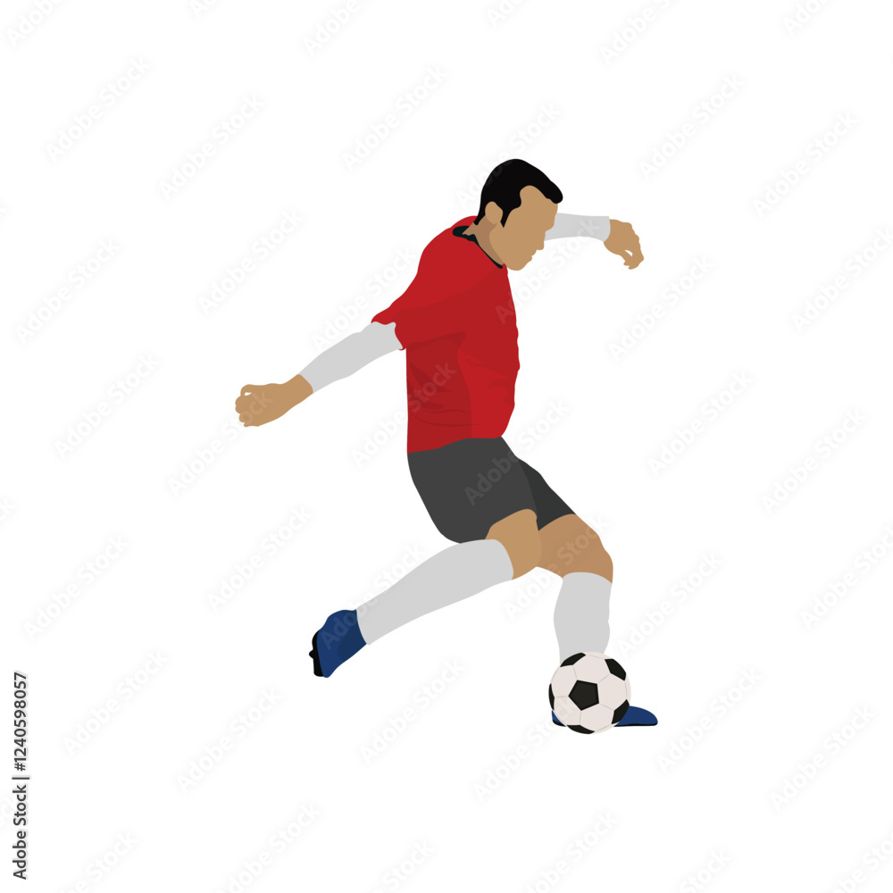 Vector illustration of soccer player kicking a ball during a football match in cartoon flat style. Dynamic football athletes poses jumping running and kicking, players differently kickball their foot. Vector illustration of soccer player kicking a ball during a football match in cartoon flat style. Dynamic football athletes poses jumping running and kicking, players differently kickball their foot.