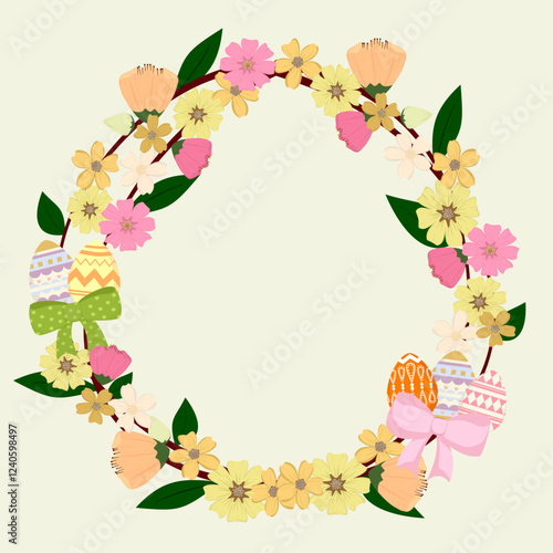 Decorative Easter Wreath with Flowers and Festive Eggs