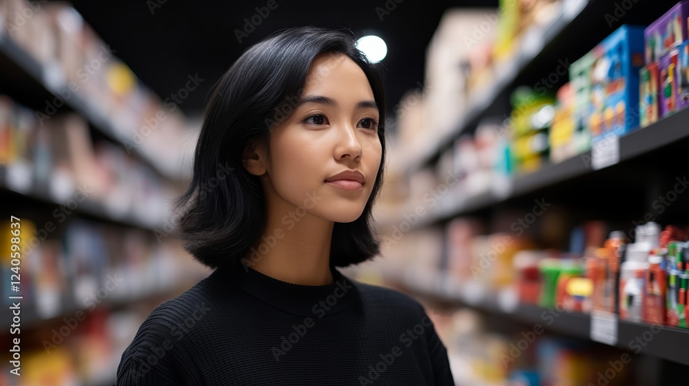 Mother picking up a robot building kit from a sleek shelf filled with STEM focused toys in bold futuristic packaging Mother picking up a robot building kit from a sleek shelf filled with STEM focused toys in bold futuristic packaging