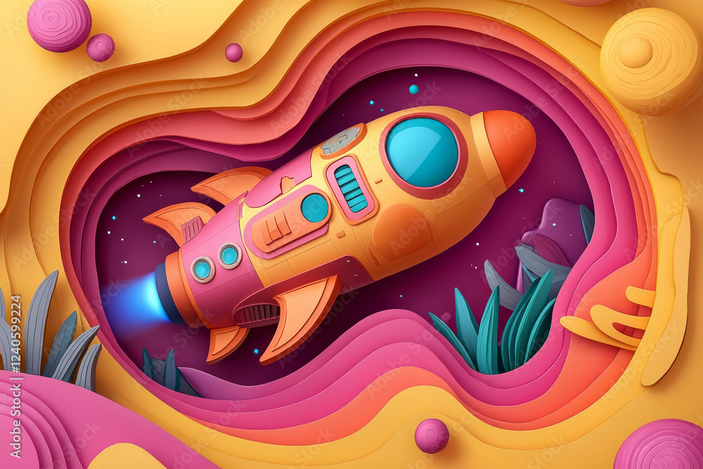Fototapeta premium Paper-cut rocket soaring through vibrant, layered cosmos.