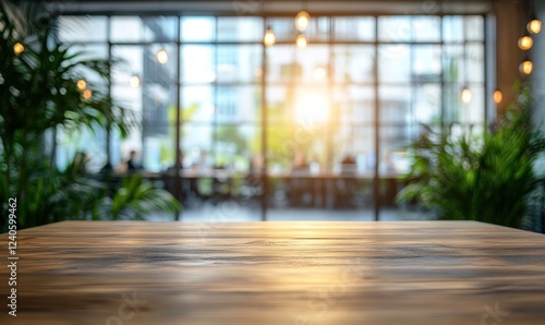 Wallpaper Mural Empty Wooden Table in a Modern Cafe with Blurred Background Torontodigital.ca